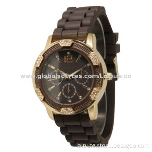 Stylish Black and White, Rose-gold, Faux, Chronograph Silicone Analog Quartz Watch with Rhinestones